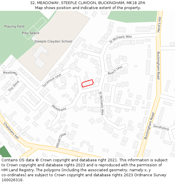 32, MEADOWAY, STEEPLE CLAYDON, BUCKINGHAM, MK18 2PA: Location map and indicative extent of plot