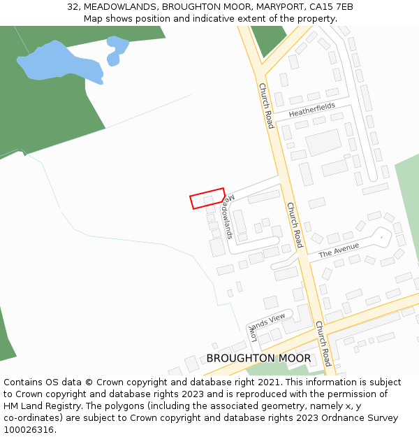 32, MEADOWLANDS, BROUGHTON MOOR, MARYPORT, CA15 7EB: Location map and indicative extent of plot