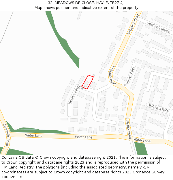 32, MEADOWSIDE CLOSE, HAYLE, TR27 4JL: Location map and indicative extent of plot