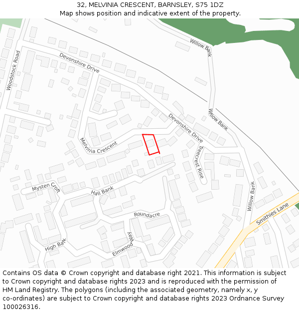 32, MELVINIA CRESCENT, BARNSLEY, S75 1DZ: Location map and indicative extent of plot