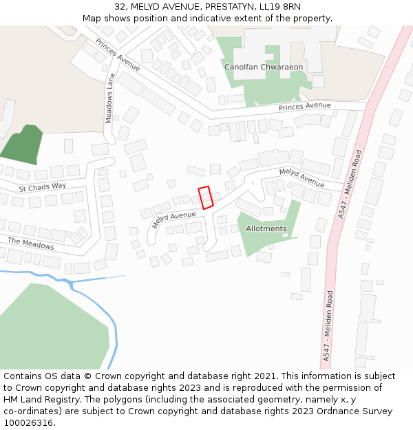 32, MELYD AVENUE, PRESTATYN, LL19 8RN: Location map and indicative extent of plot