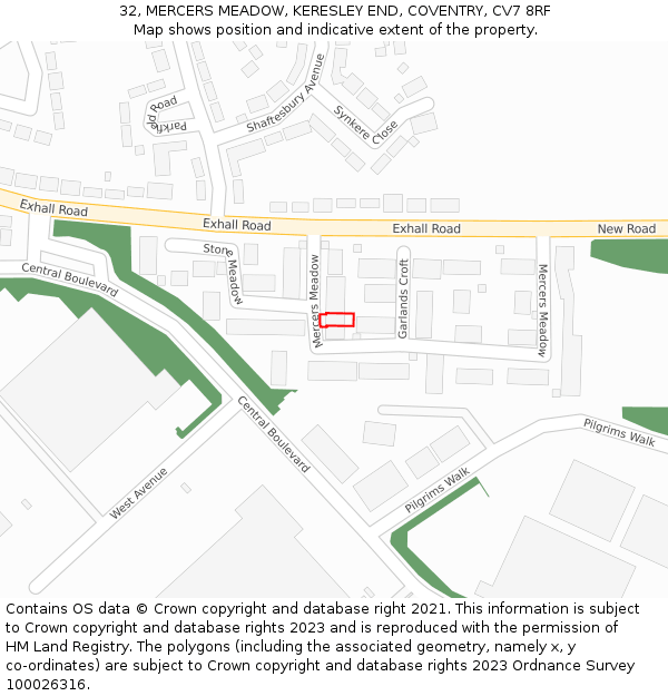 32, MERCERS MEADOW, KERESLEY END, COVENTRY, CV7 8RF: Location map and indicative extent of plot