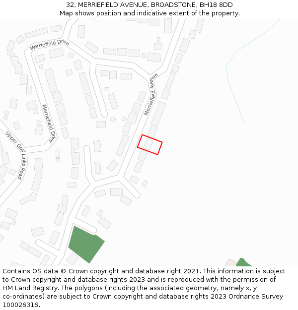 32, MERRIEFIELD AVENUE, BROADSTONE, BH18 8DD: Location map and indicative extent of plot