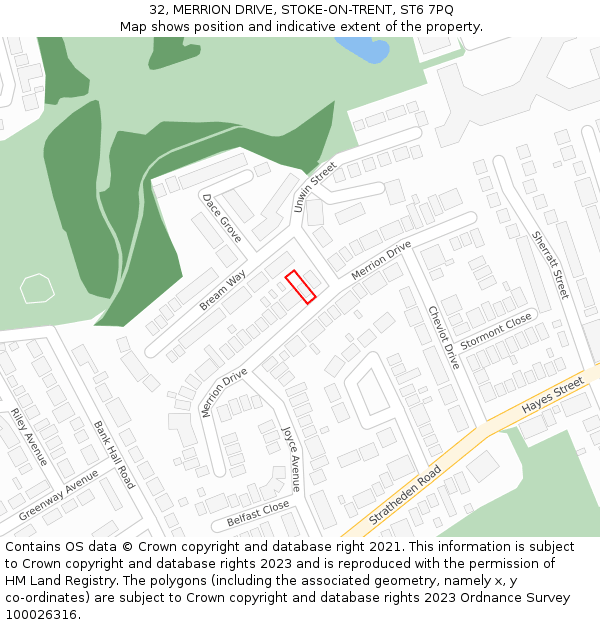 32, MERRION DRIVE, STOKE-ON-TRENT, ST6 7PQ: Location map and indicative extent of plot