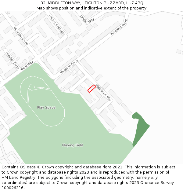 32, MIDDLETON WAY, LEIGHTON BUZZARD, LU7 4BQ: Location map and indicative extent of plot