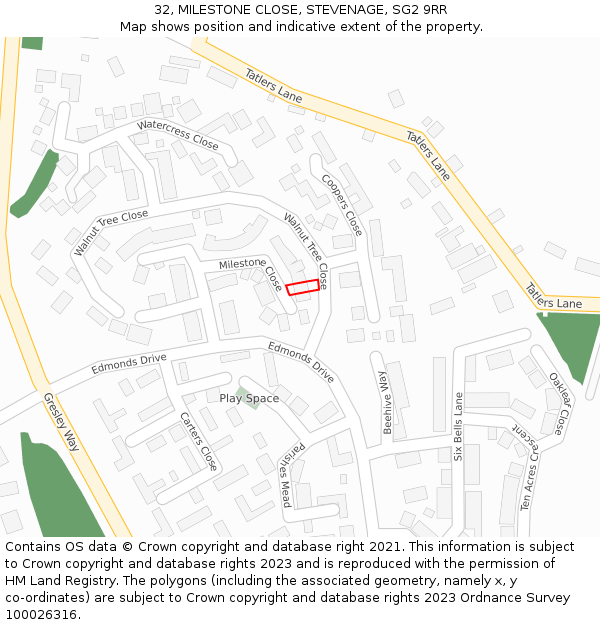 32, MILESTONE CLOSE, STEVENAGE, SG2 9RR: Location map and indicative extent of plot