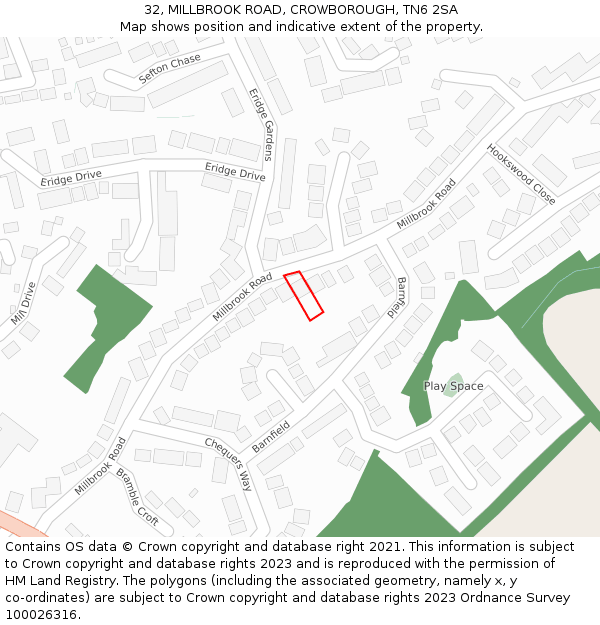 32, MILLBROOK ROAD, CROWBOROUGH, TN6 2SA: Location map and indicative extent of plot