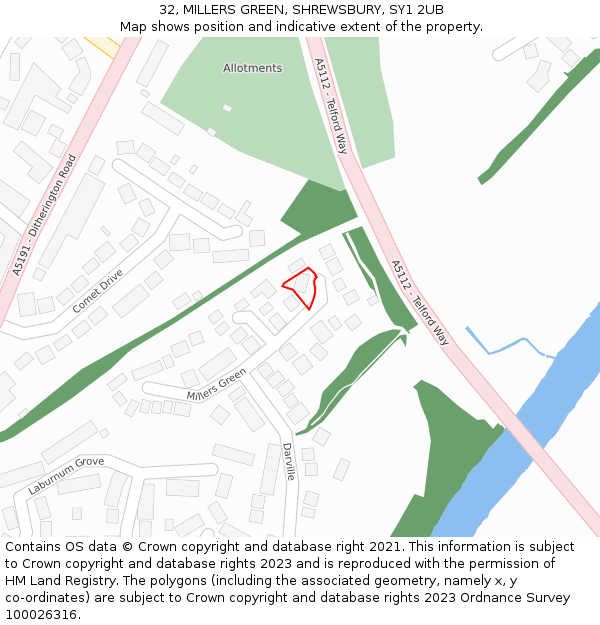 32, MILLERS GREEN, SHREWSBURY, SY1 2UB: Location map and indicative extent of plot