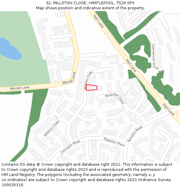 32, MILLSTON CLOSE, HARTLEPOOL, TS26 0PX: Location map and indicative extent of plot