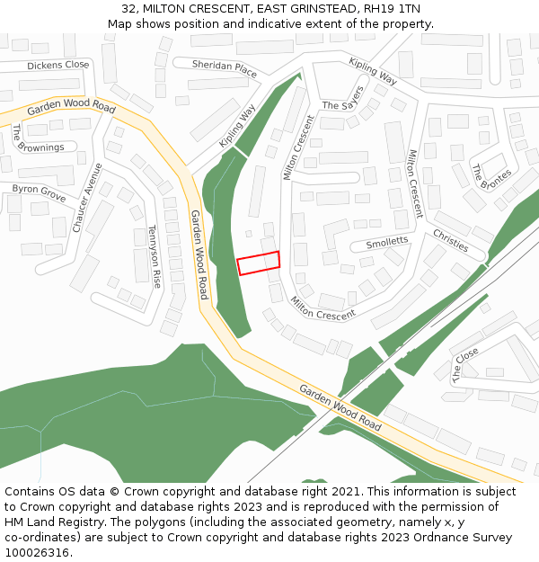 32, MILTON CRESCENT, EAST GRINSTEAD, RH19 1TN: Location map and indicative extent of plot