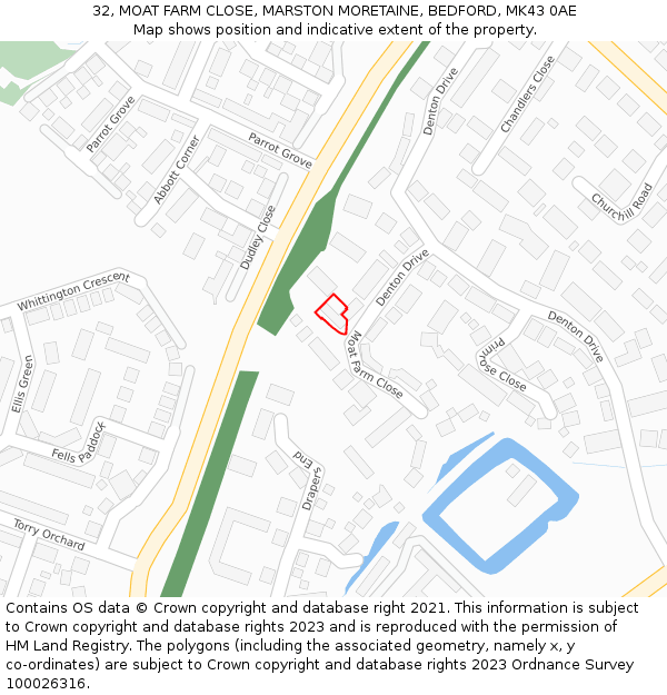 32, MOAT FARM CLOSE, MARSTON MORETAINE, BEDFORD, MK43 0AE: Location map and indicative extent of plot