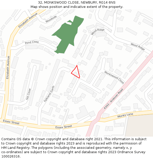32, MONKSWOOD CLOSE, NEWBURY, RG14 6NS: Location map and indicative extent of plot
