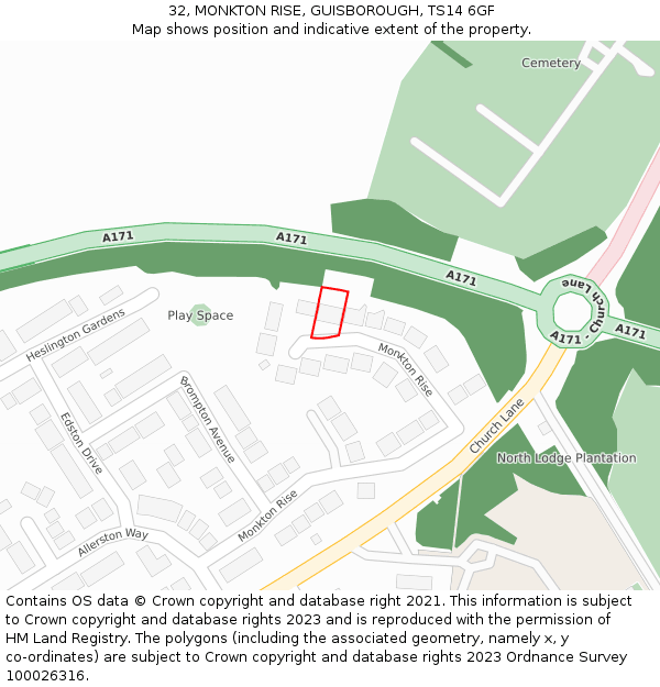 32, MONKTON RISE, GUISBOROUGH, TS14 6GF: Location map and indicative extent of plot