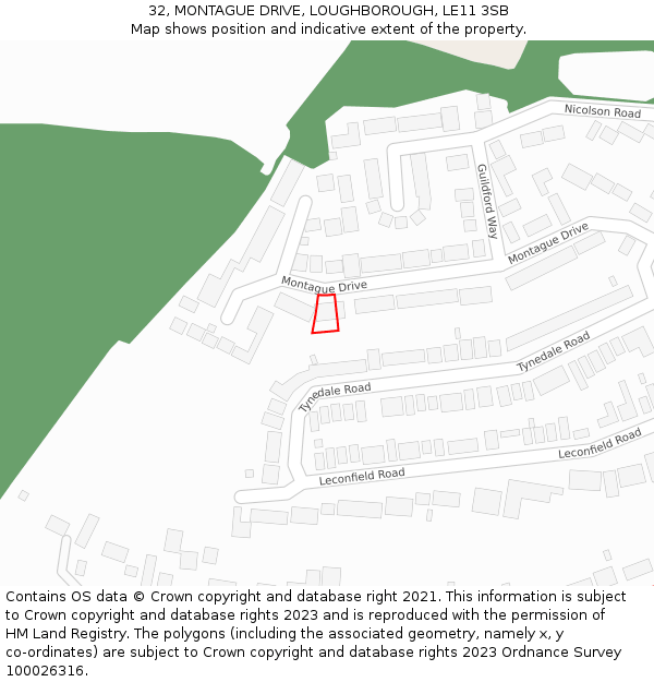 32, MONTAGUE DRIVE, LOUGHBOROUGH, LE11 3SB: Location map and indicative extent of plot