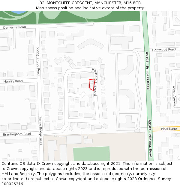 32, MONTCLIFFE CRESCENT, MANCHESTER, M16 8GR: Location map and indicative extent of plot