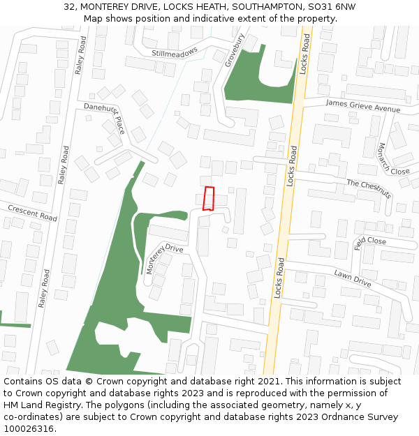 32, MONTEREY DRIVE, LOCKS HEATH, SOUTHAMPTON, SO31 6NW: Location map and indicative extent of plot