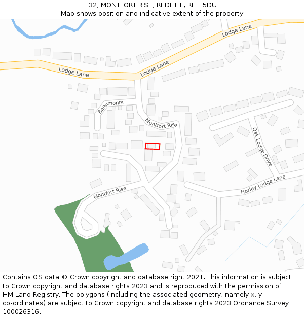 32, MONTFORT RISE, REDHILL, RH1 5DU: Location map and indicative extent of plot