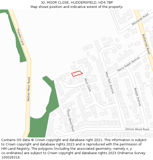 32, MOOR CLOSE, HUDDERSFIELD, HD4 7BP: Location map and indicative extent of plot