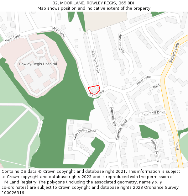 32, MOOR LANE, ROWLEY REGIS, B65 8DH: Location map and indicative extent of plot