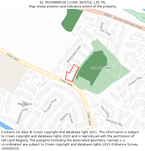 32, MOORBRIDGE CLOSE, BOOTLE, L30 7RL: Location map and indicative extent of plot