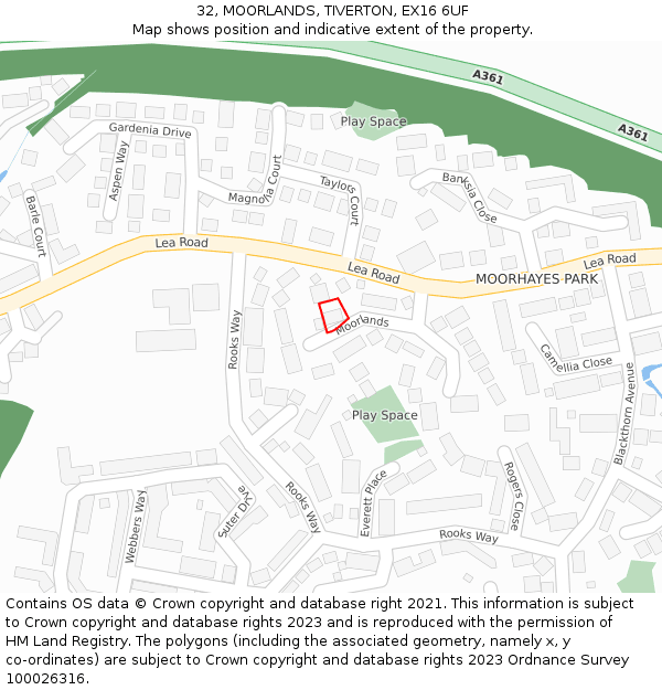 32, MOORLANDS, TIVERTON, EX16 6UF: Location map and indicative extent of plot