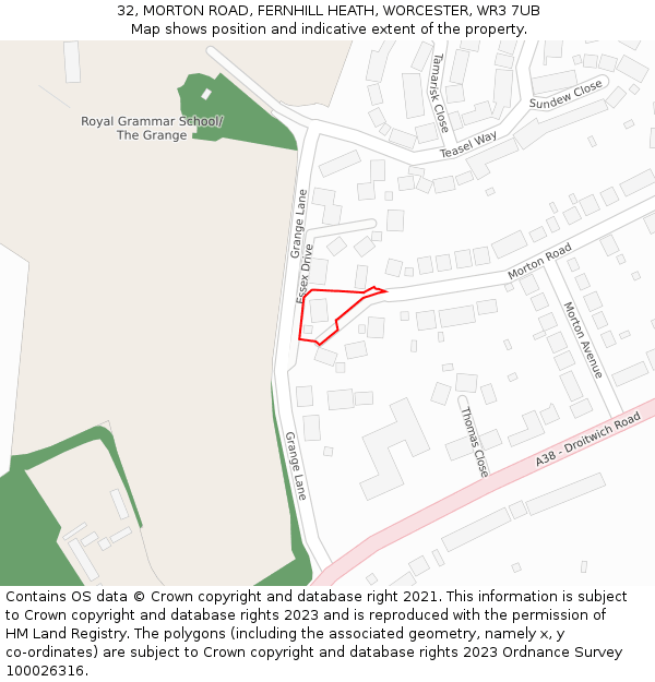 32, MORTON ROAD, FERNHILL HEATH, WORCESTER, WR3 7UB: Location map and indicative extent of plot