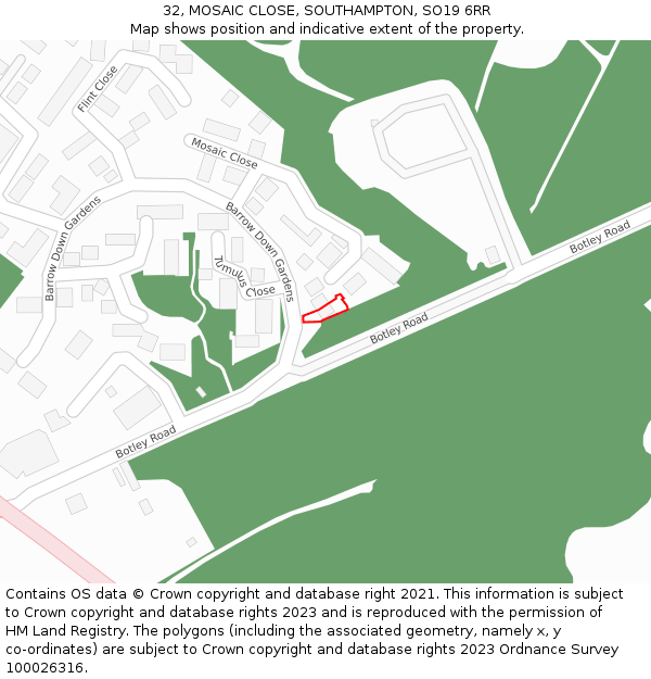 32, MOSAIC CLOSE, SOUTHAMPTON, SO19 6RR: Location map and indicative extent of plot