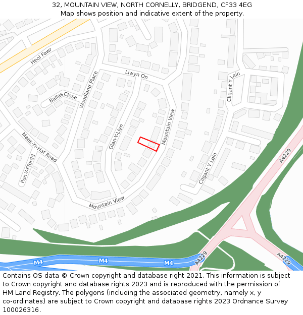 32, MOUNTAIN VIEW, NORTH CORNELLY, BRIDGEND, CF33 4EG: Location map and indicative extent of plot