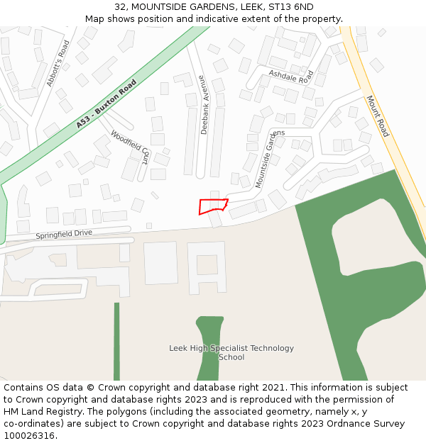 32, MOUNTSIDE GARDENS, LEEK, ST13 6ND: Location map and indicative extent of plot