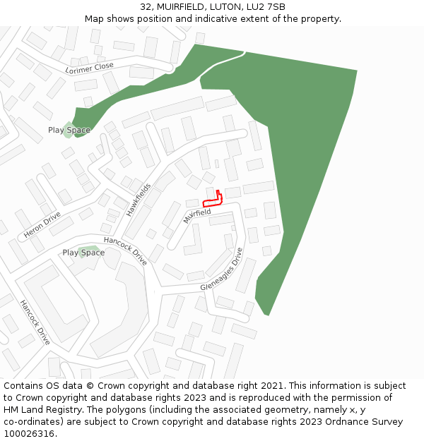 32, MUIRFIELD, LUTON, LU2 7SB: Location map and indicative extent of plot