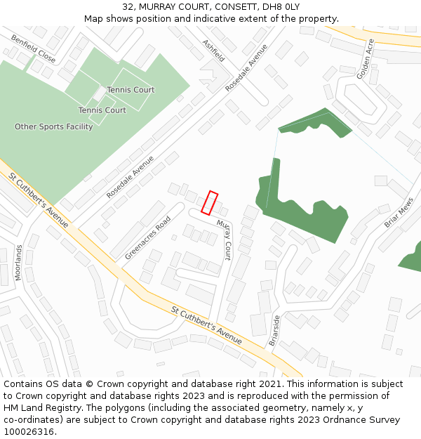 32, MURRAY COURT, CONSETT, DH8 0LY: Location map and indicative extent of plot