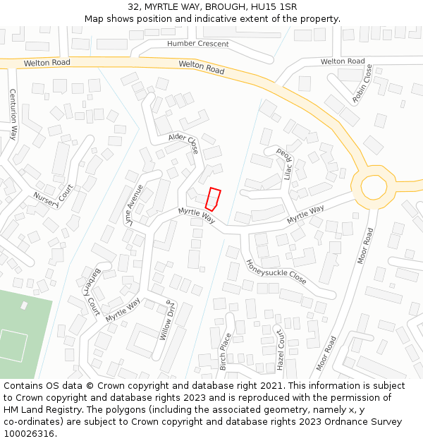 32, MYRTLE WAY, BROUGH, HU15 1SR: Location map and indicative extent of plot
