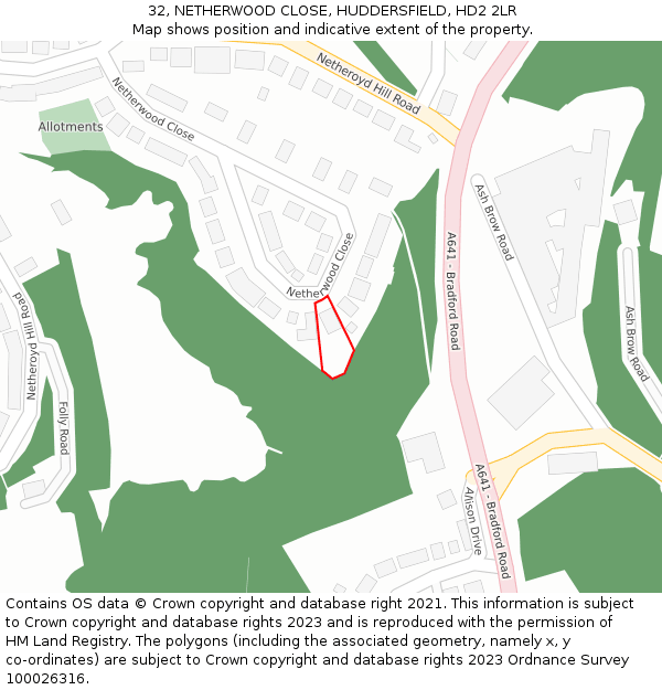 32, NETHERWOOD CLOSE, HUDDERSFIELD, HD2 2LR: Location map and indicative extent of plot