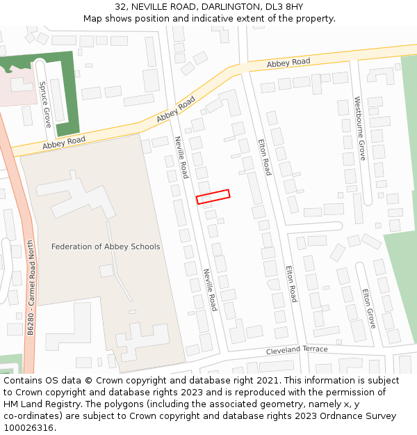 32, NEVILLE ROAD, DARLINGTON, DL3 8HY: Location map and indicative extent of plot