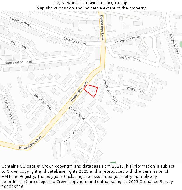 32, NEWBRIDGE LANE, TRURO, TR1 3JS: Location map and indicative extent of plot