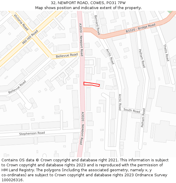 32, NEWPORT ROAD, COWES, PO31 7PW: Location map and indicative extent of plot