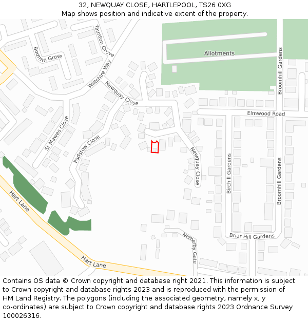 32, NEWQUAY CLOSE, HARTLEPOOL, TS26 0XG: Location map and indicative extent of plot