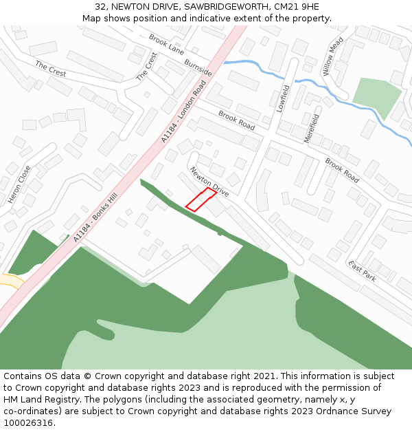 32, NEWTON DRIVE, SAWBRIDGEWORTH, CM21 9HE: Location map and indicative extent of plot