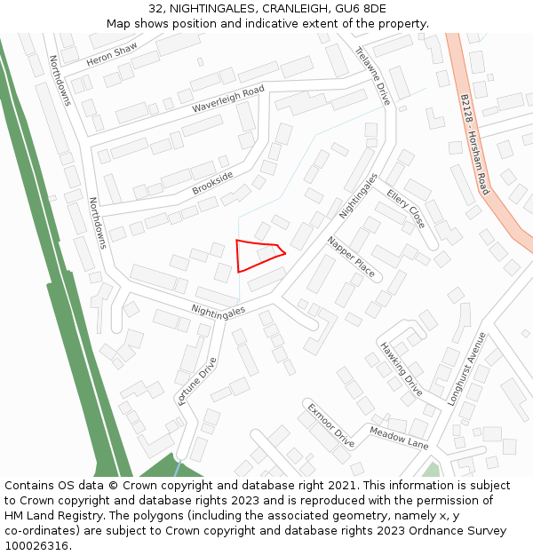 32, NIGHTINGALES, CRANLEIGH, GU6 8DE: Location map and indicative extent of plot