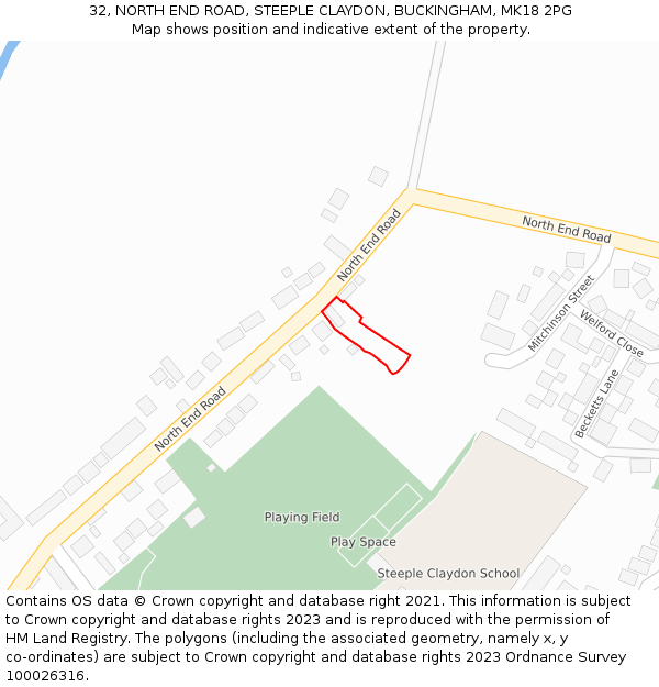 32, NORTH END ROAD, STEEPLE CLAYDON, BUCKINGHAM, MK18 2PG: Location map and indicative extent of plot