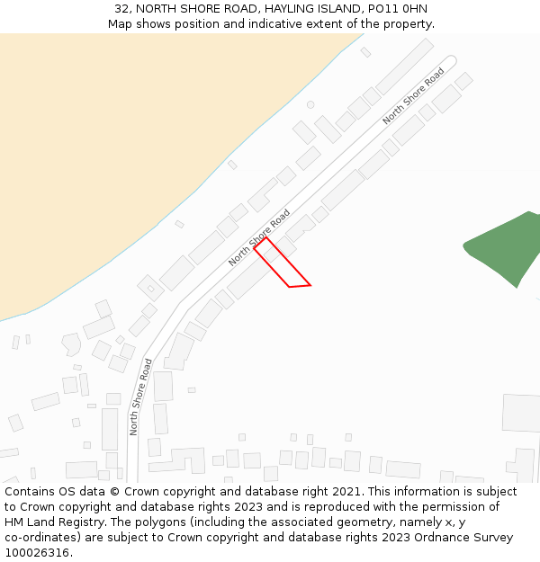 32, NORTH SHORE ROAD, HAYLING ISLAND, PO11 0HN: Location map and indicative extent of plot