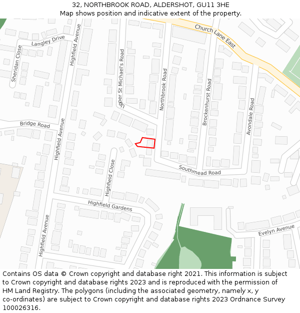 32, NORTHBROOK ROAD, ALDERSHOT, GU11 3HE: Location map and indicative extent of plot