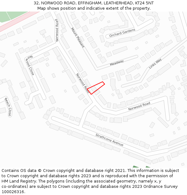 32, NORWOOD ROAD, EFFINGHAM, LEATHERHEAD, KT24 5NT: Location map and indicative extent of plot