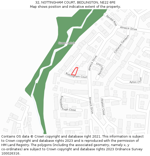 32, NOTTINGHAM COURT, BEDLINGTON, NE22 6PE: Location map and indicative extent of plot