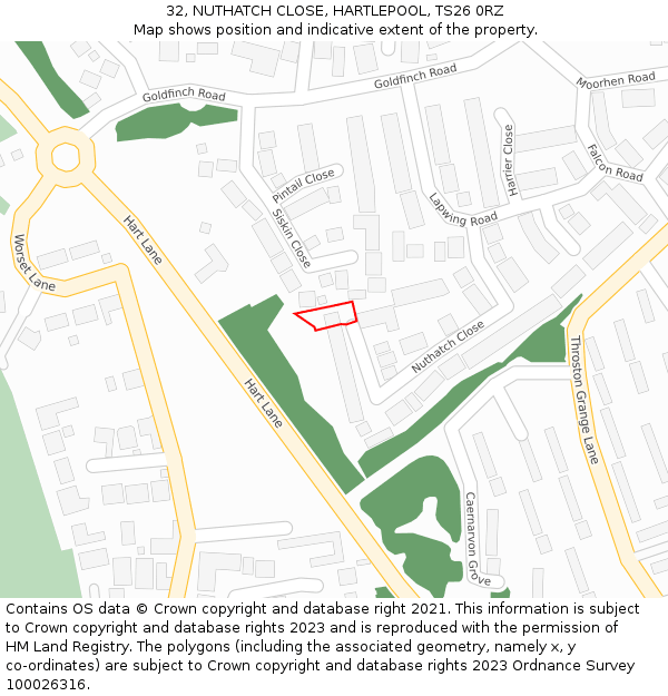 32, NUTHATCH CLOSE, HARTLEPOOL, TS26 0RZ: Location map and indicative extent of plot