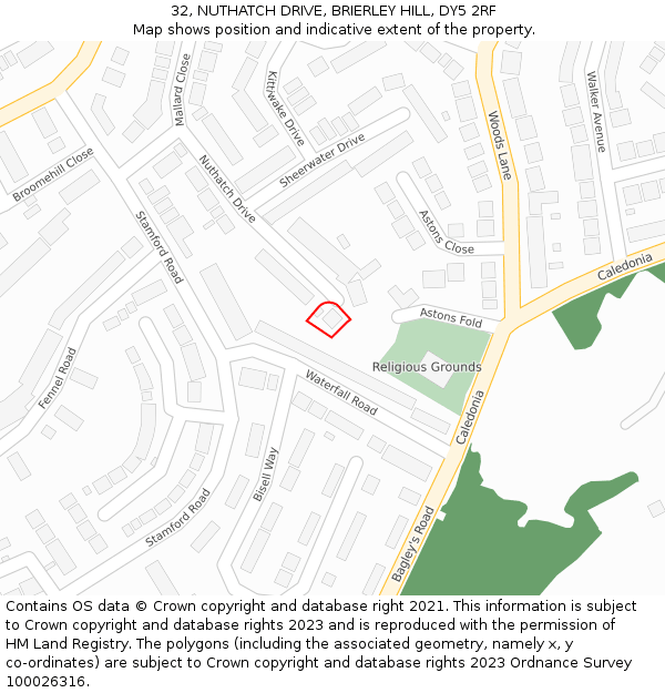 32, NUTHATCH DRIVE, BRIERLEY HILL, DY5 2RF: Location map and indicative extent of plot