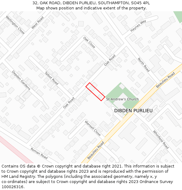 32, OAK ROAD, DIBDEN PURLIEU, SOUTHAMPTON, SO45 4PL: Location map and indicative extent of plot