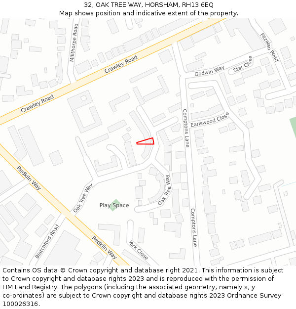 32, OAK TREE WAY, HORSHAM, RH13 6EQ: Location map and indicative extent of plot