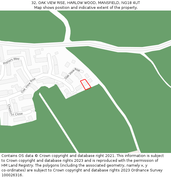 32, OAK VIEW RISE, HARLOW WOOD, MANSFIELD, NG18 4UT: Location map and indicative extent of plot