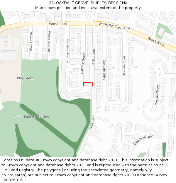 32, OAKDALE GROVE, SHIPLEY, BD18 1NX: Location map and indicative extent of plot